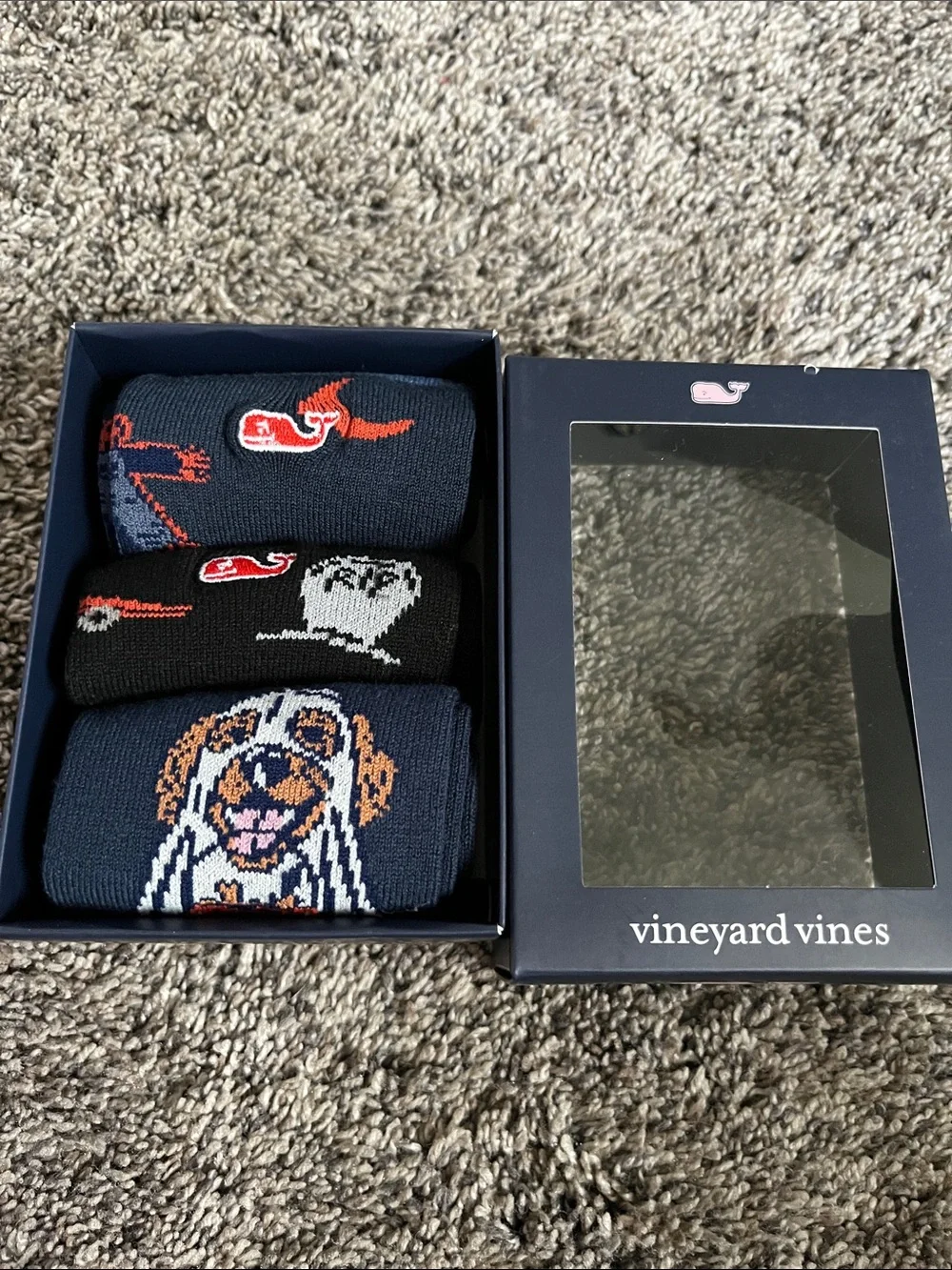 Vineyard Vines Navy & Black boys’. Novelty Sock 3-Pack with Dog & Whale Motifs.